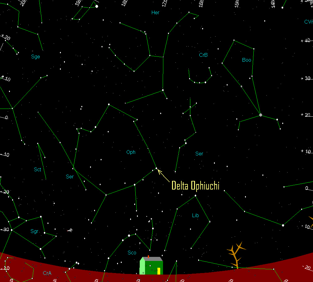 Star chart to see Roma occultation of Delta Ophiuchi Star chart to see Roma occultation of Delta Ophiuchi
